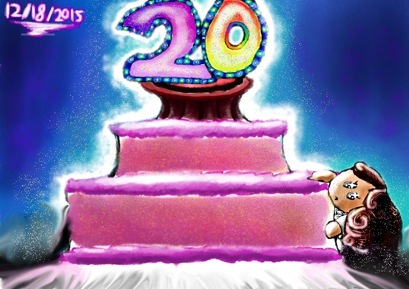The artist (Caroline) under a massive pink glowing birthday cake with 20 on top